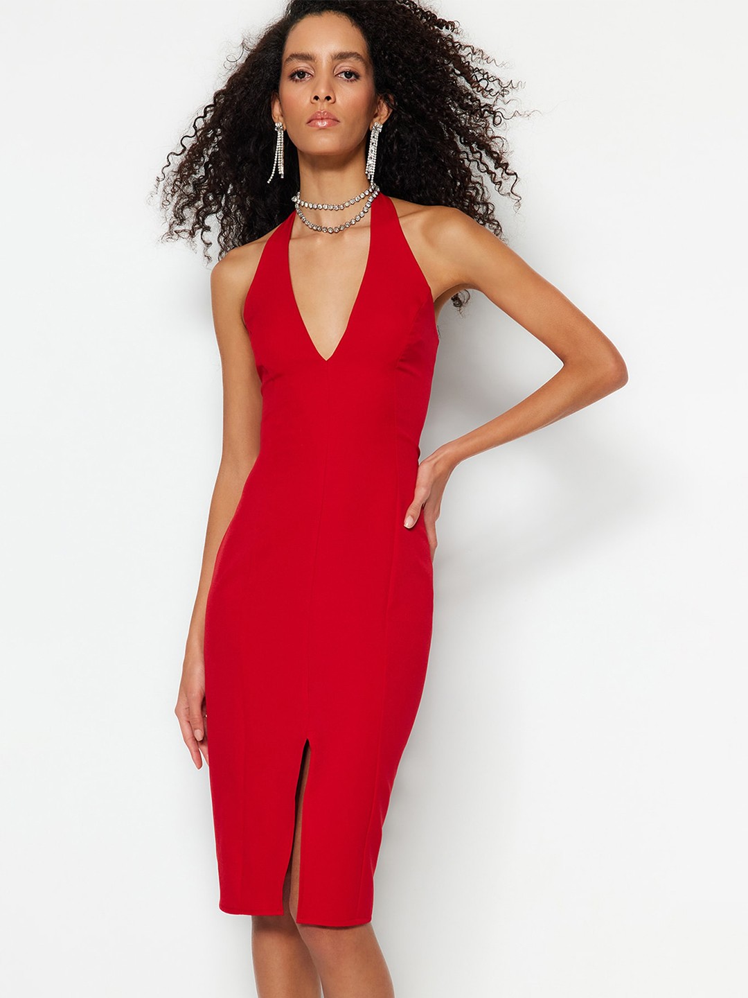 

Trendyol Halter Neck Bodycon Knee Length Dress, Red