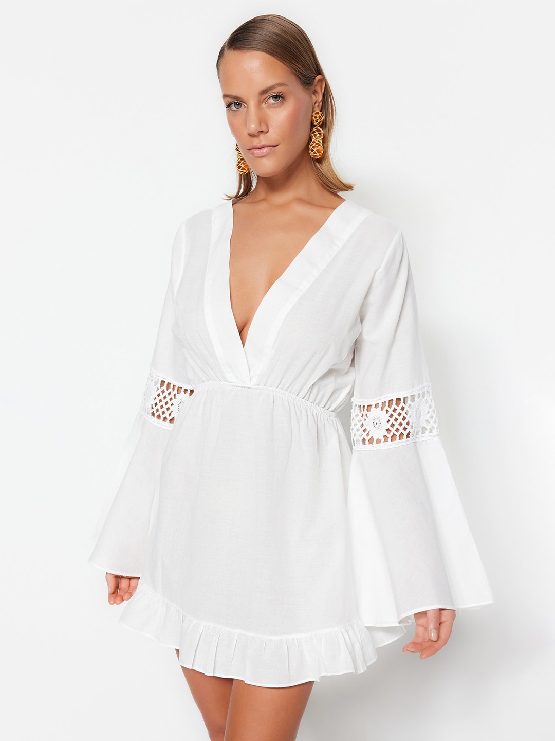 

Trendyol V-Neck Bell Sleeve Pure Cotton Fit & Flare Mini Dress, White