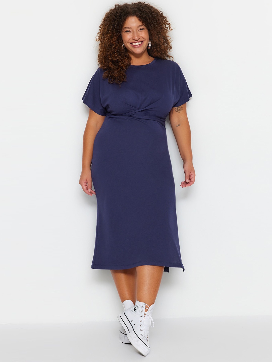 

Trendyol Plus Size Pure Cotton Fit & Flare Midi Dress, Navy blue