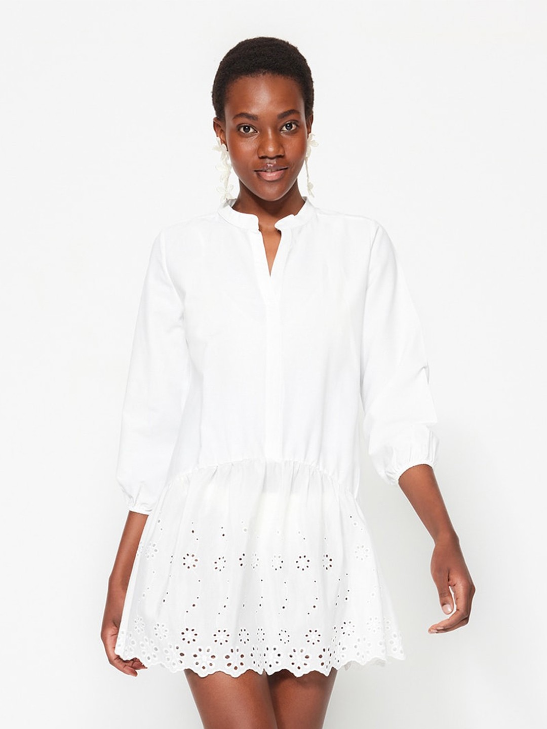

Trendyol Self Design Mandarin Collar A-Line Mini Dress, White