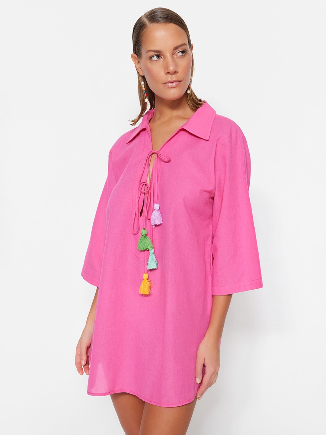 

Trendyol Shirt Collar Tie ups Detail A-Line Dress, Fuchsia