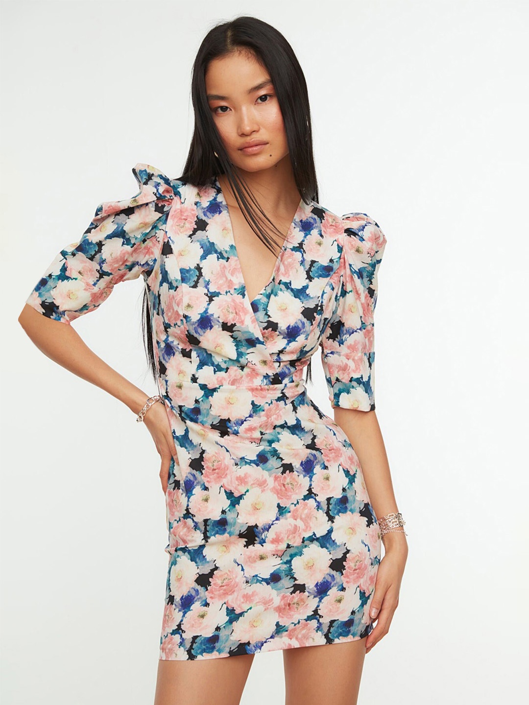 

Trendyol Floral Printed V-Neck Puff Sleeve Wrap Mini Dress, Pink