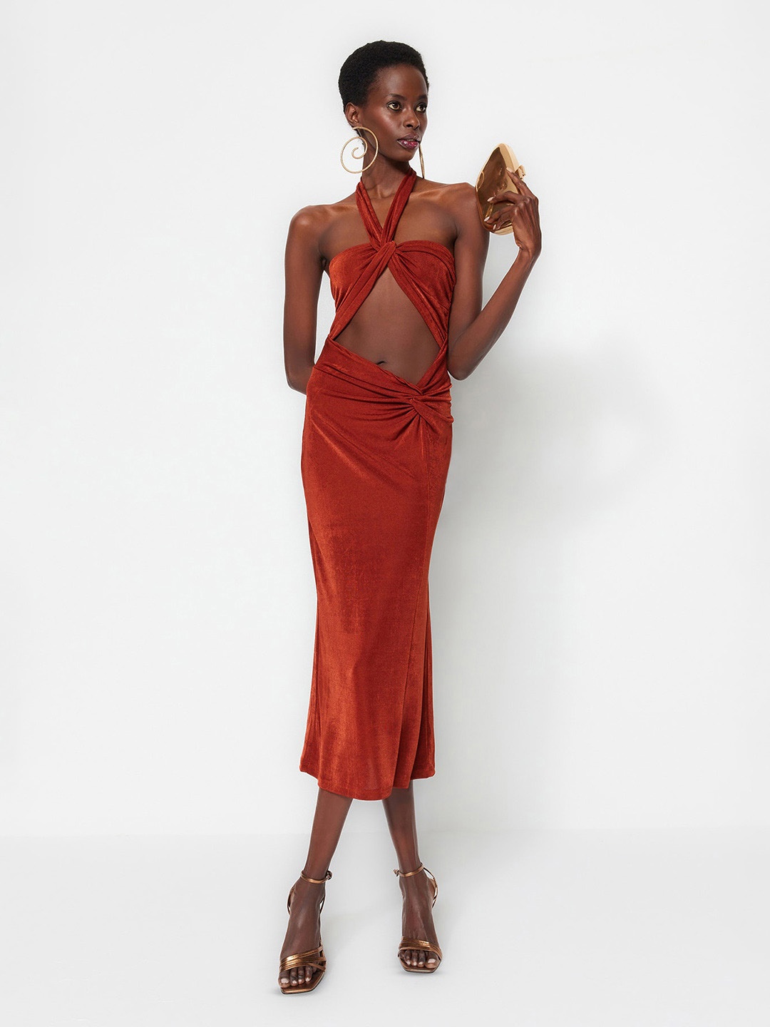 

Trendyol Halter Neck Sheath Midi Dress, Rust