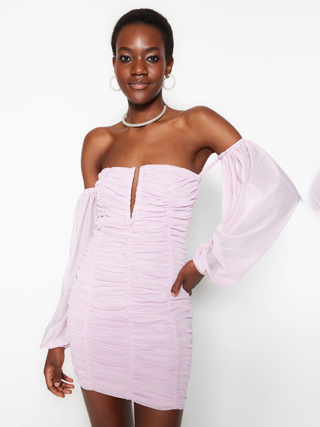 

Trendyol Ruched Off-Shoulder Puff Sleeve Bodycon Mini Dress, Lavender