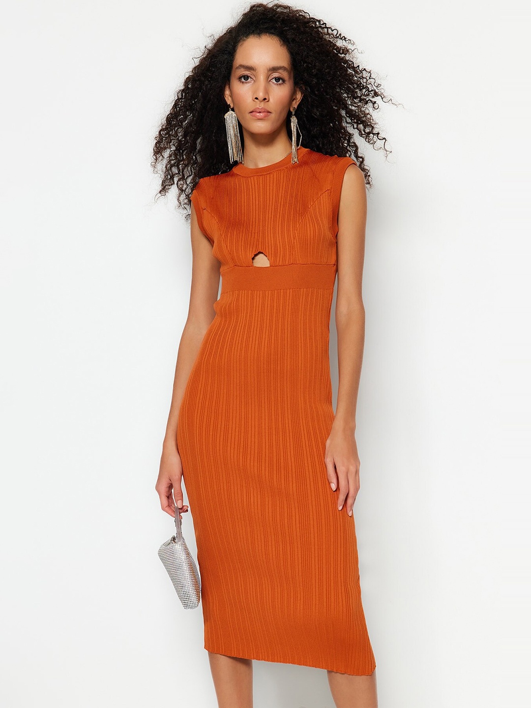 

Trendyol Striped Cut-Out Detail Midi Sheath Dress, Rust