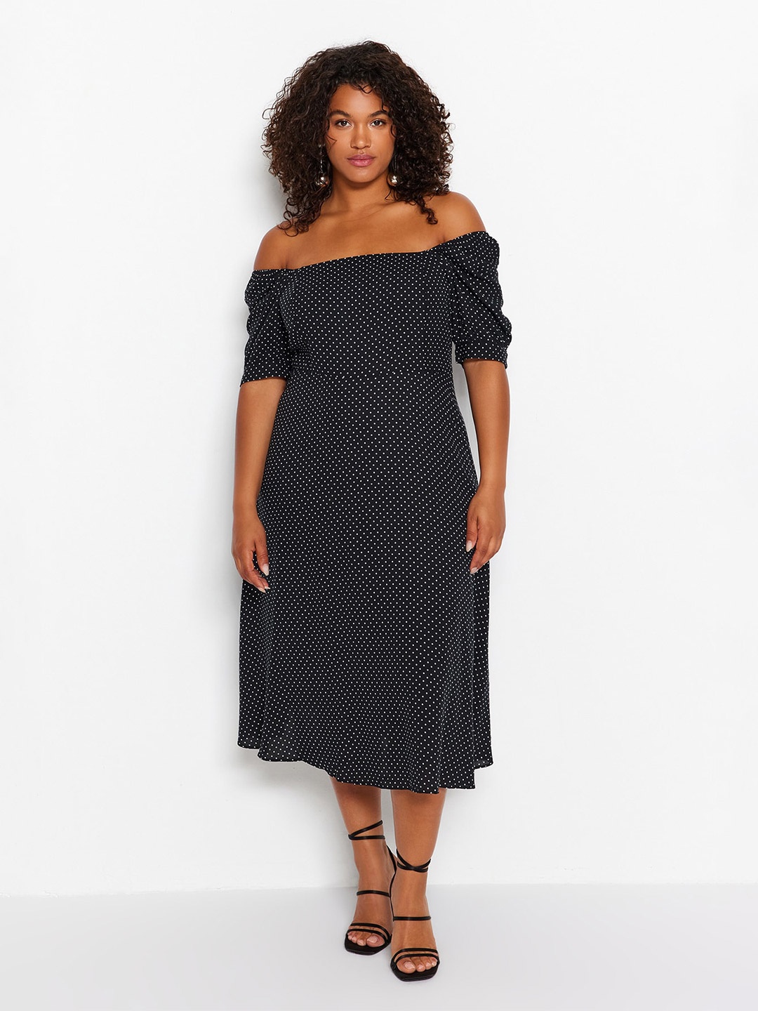 

Trendyol Polka Dot Print Off-Shoulder A-Line Midi Dress, Black