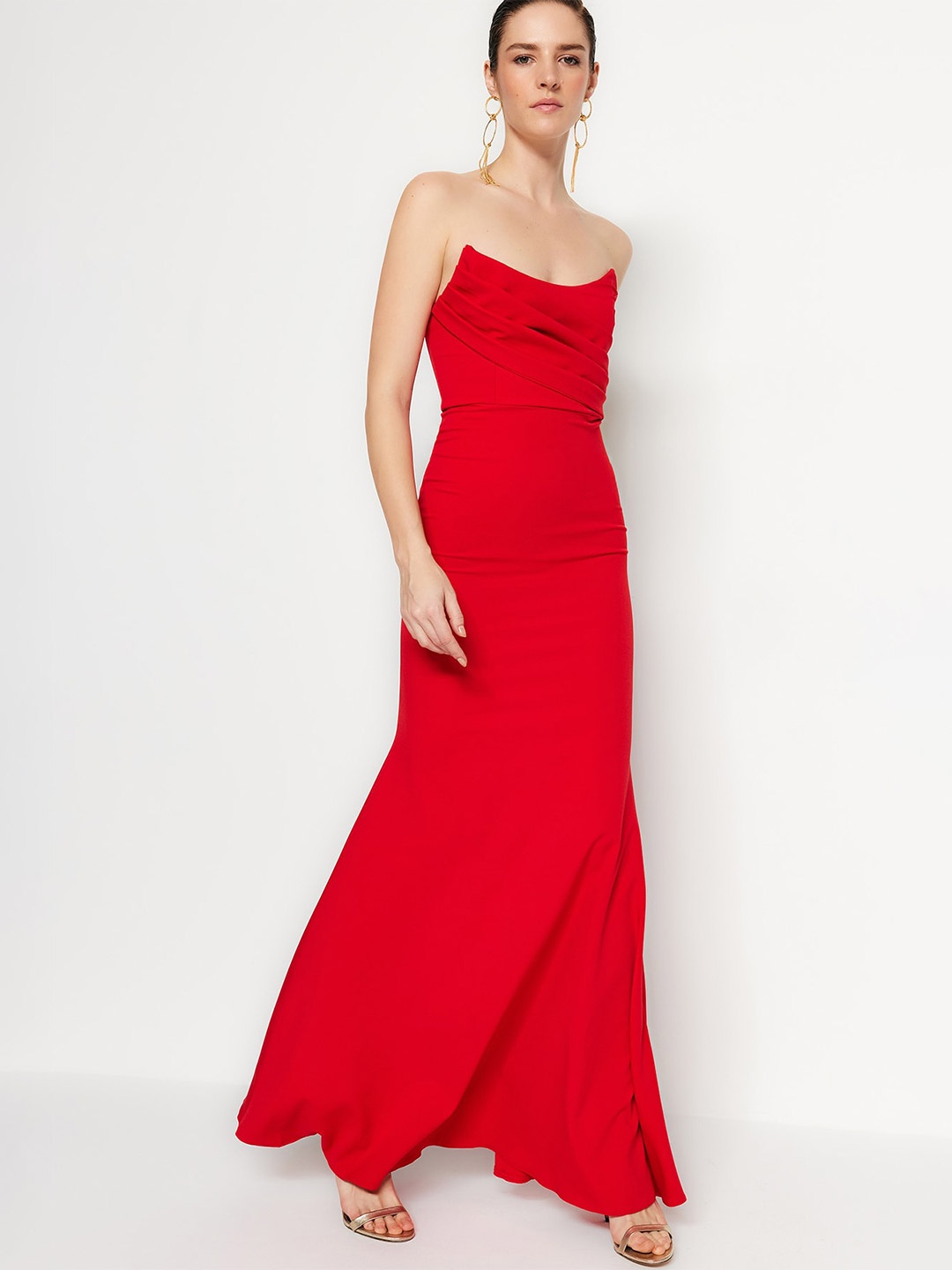 

Trendyol Off-Shoulder Pleated Maxi Dress, Red