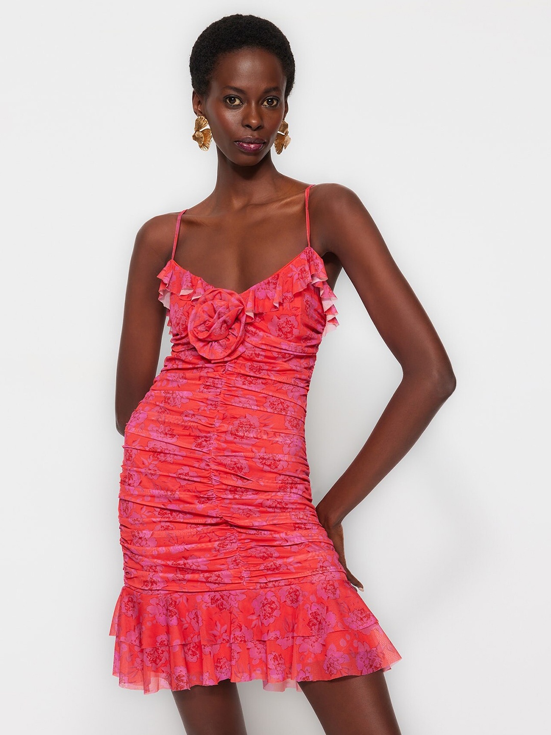 

Trendyol Floral Printed Shoulder Straps Flounce Hem Ruched Sheath Mini Dress, Pink