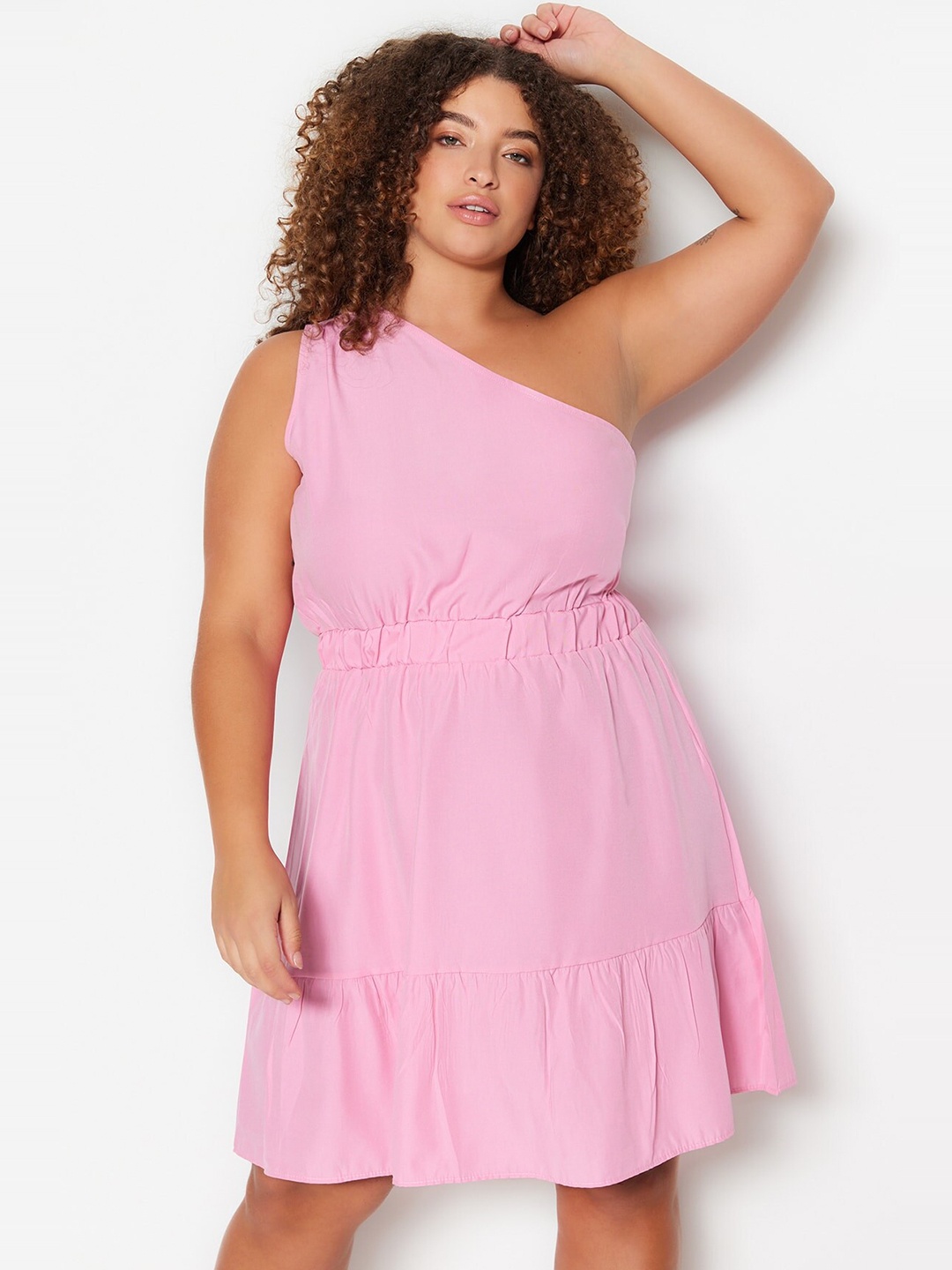 

Trendyol Plus Size One Shoulder Fit & Flare Dress, Pink