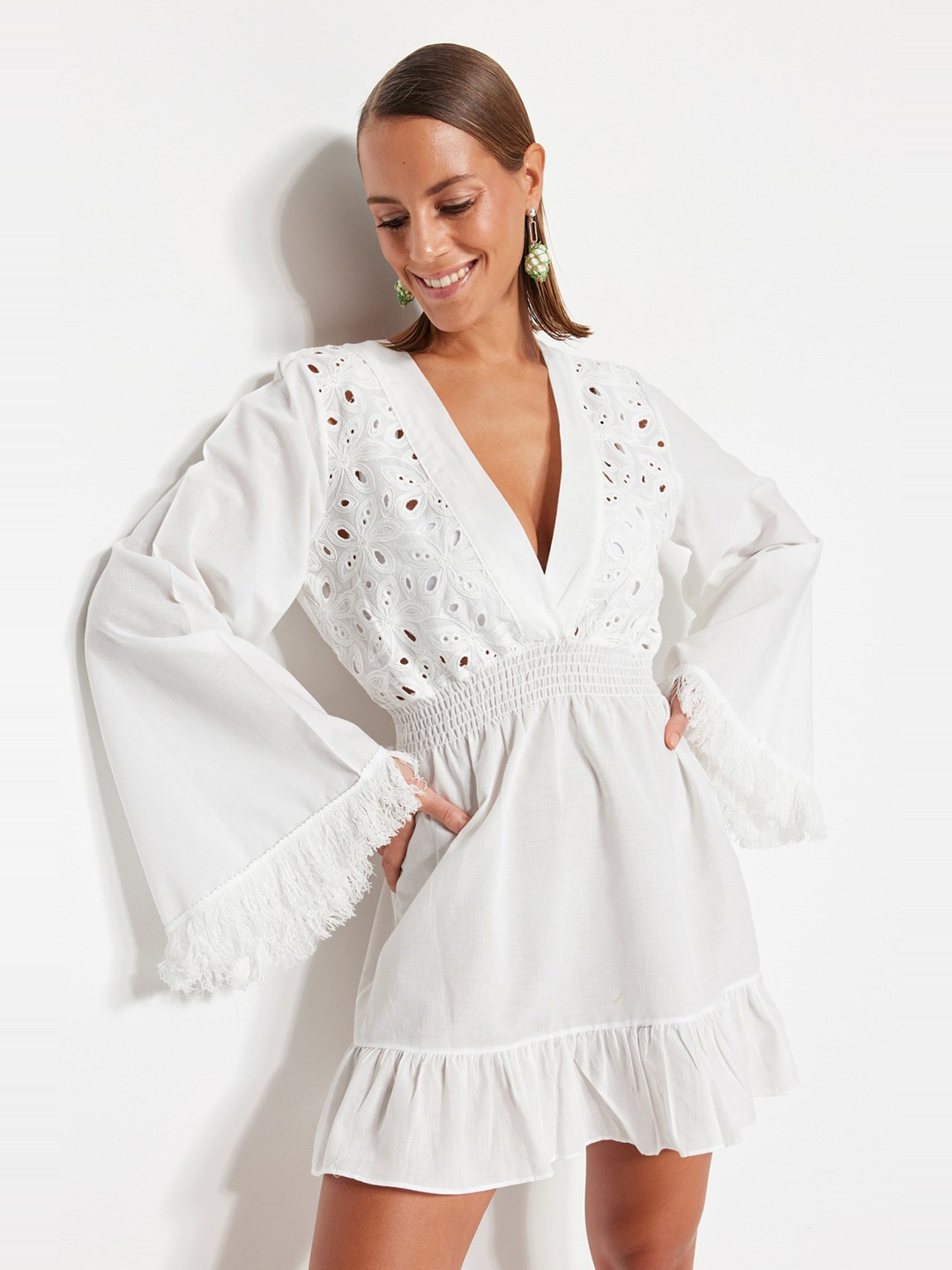 

Trendyol Bell Sleeve Pure Cotton Fit & Flare Dress, White