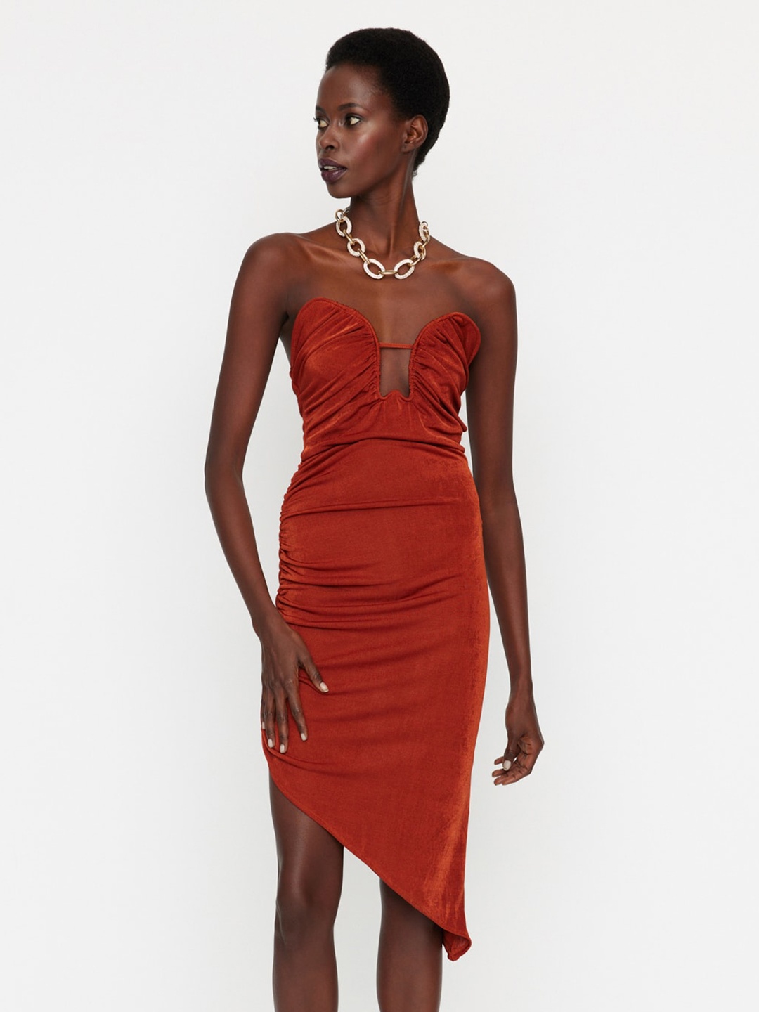 

Trendyol Ruched Sheath Asymmetric Dress, Brown