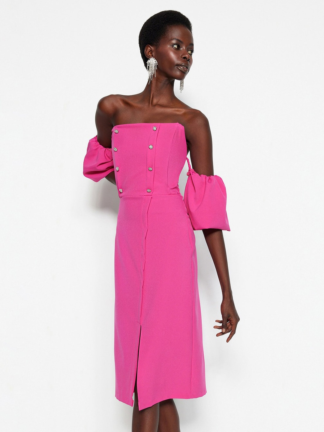 

Trendyol Off-Shoulder Puff Sleeves Sheath Dress, Pink