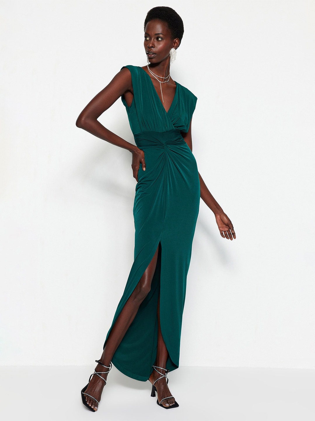 

Trendyol V-Neck Sleeveless Gathered Sheath Maxi Dress, Green