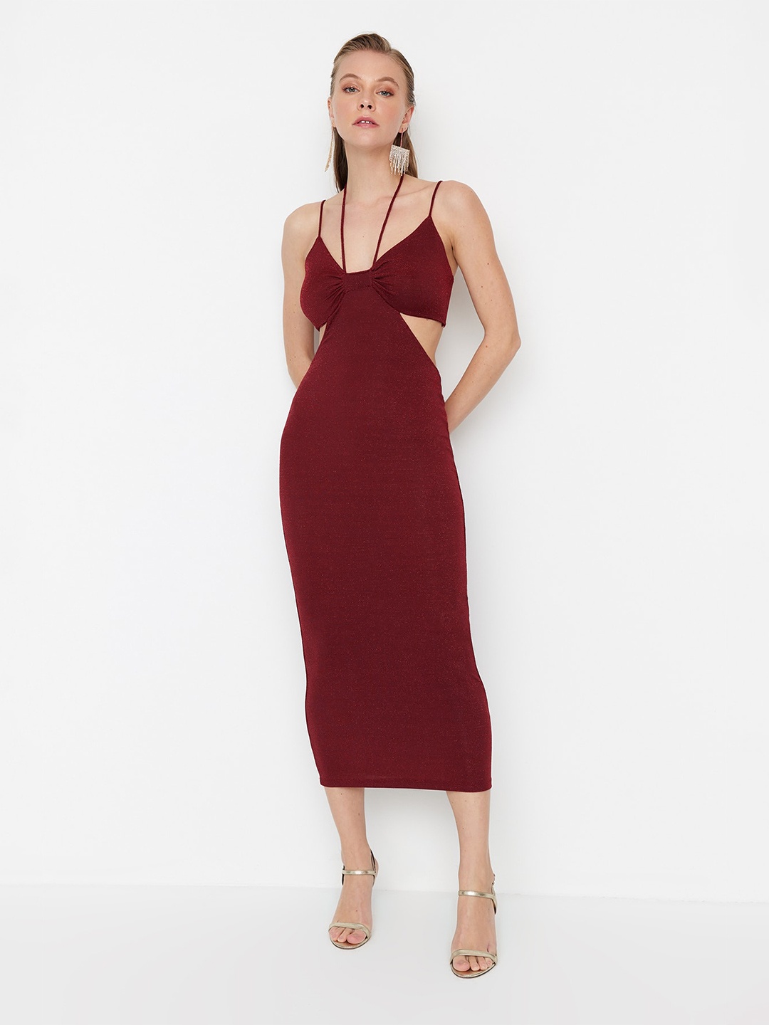 

Trendyol Shoulder Straps Cut-Out Detailed Sheath Midi Dress, Maroon