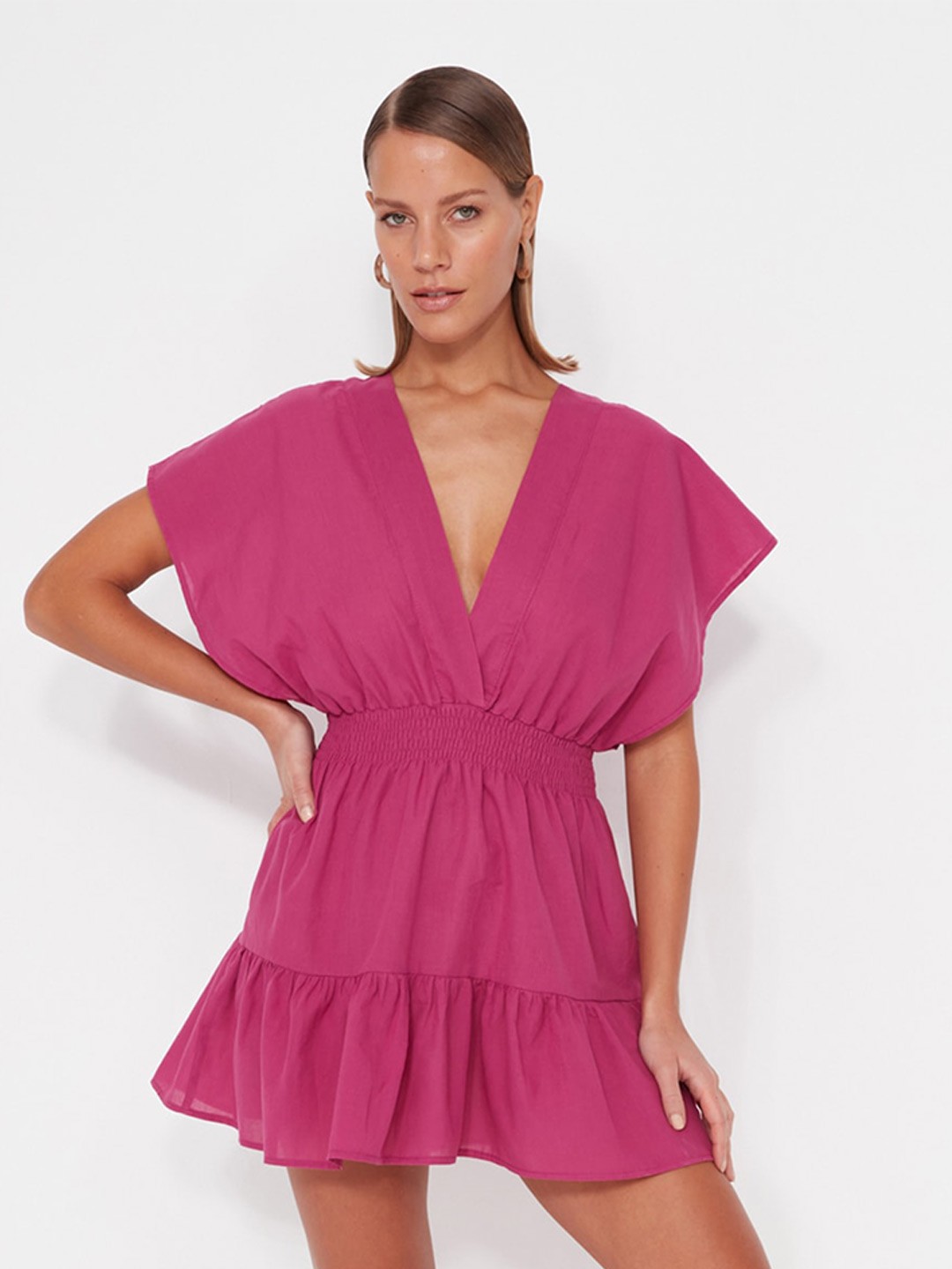 

Trendyol V-Neck Extented Sleeves Fit & Flare Dress, Fuchsia