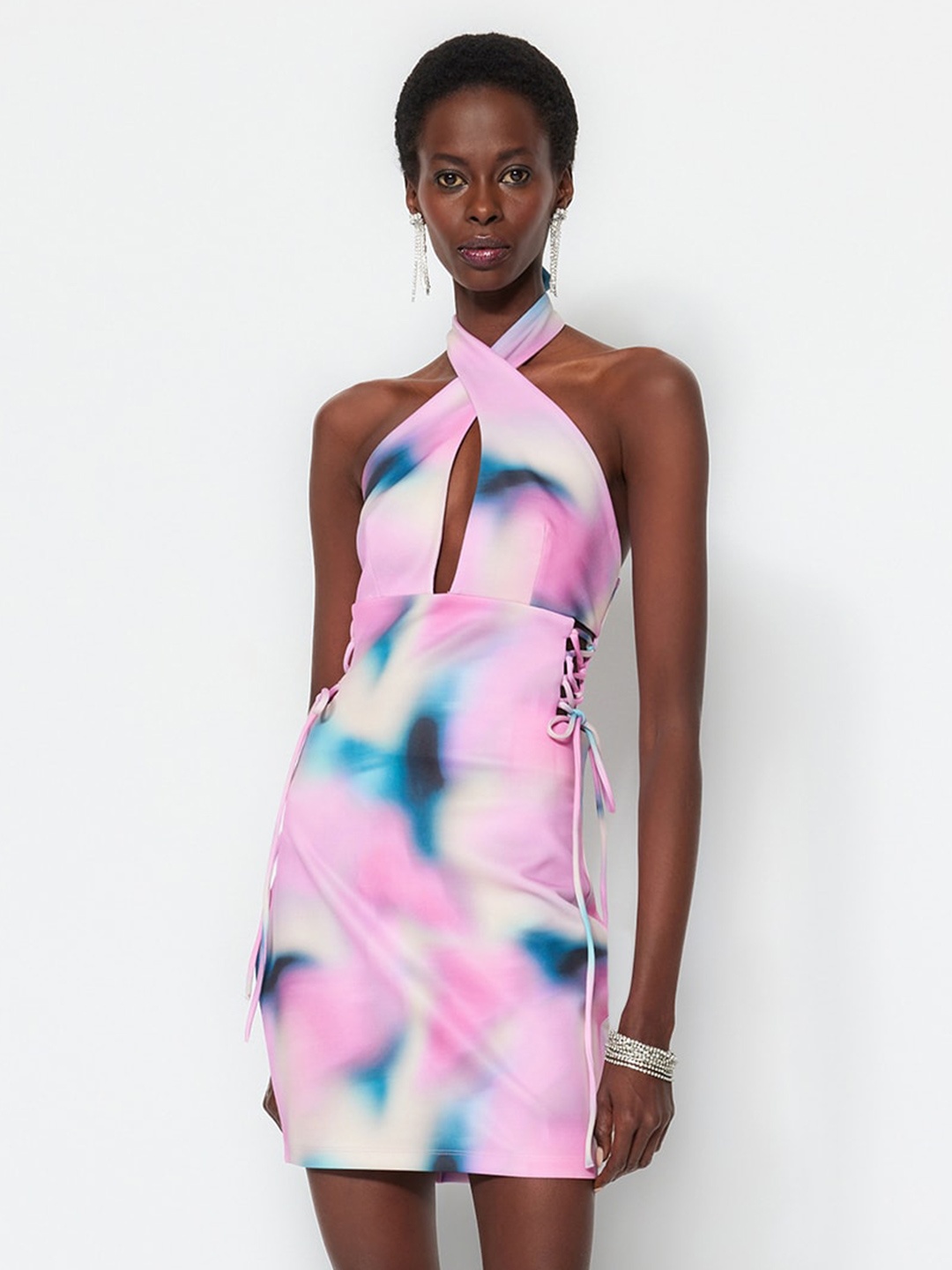 

Trendyol Printed Halter Neck Sheath Mini Dress, Pink