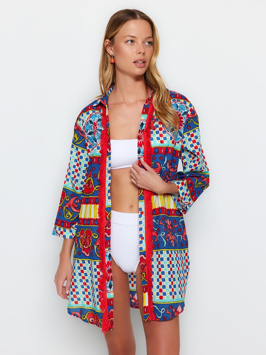 

Trendyol Geometric Printed Longline Pure Cotton Casual Shirt, Red