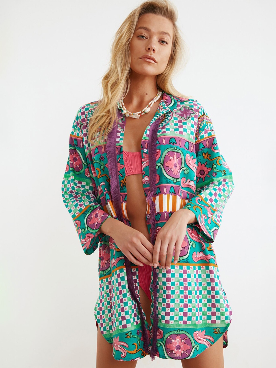 

Trendyol Ethnic Motifs Printed Longline Pure Cotton Casual Shirt, Green