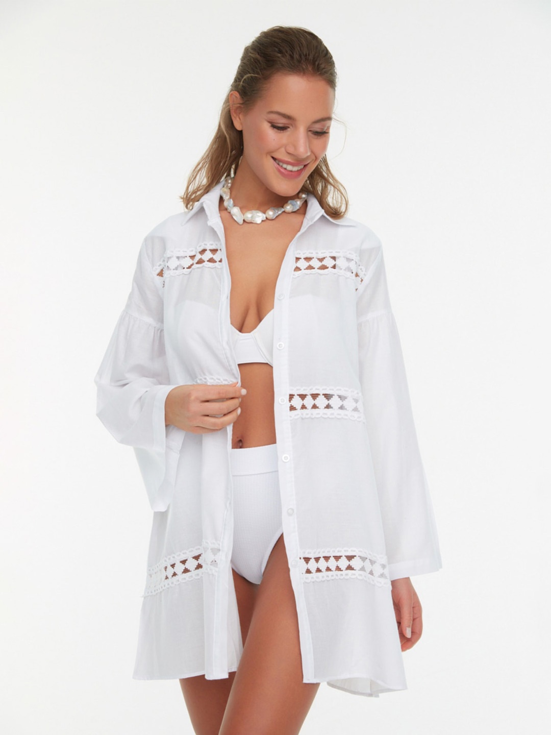 

Trendyol Self Design Drop-Shoulder Sleeves Schiffli Longline Pure Cotton Casual Shirt, White