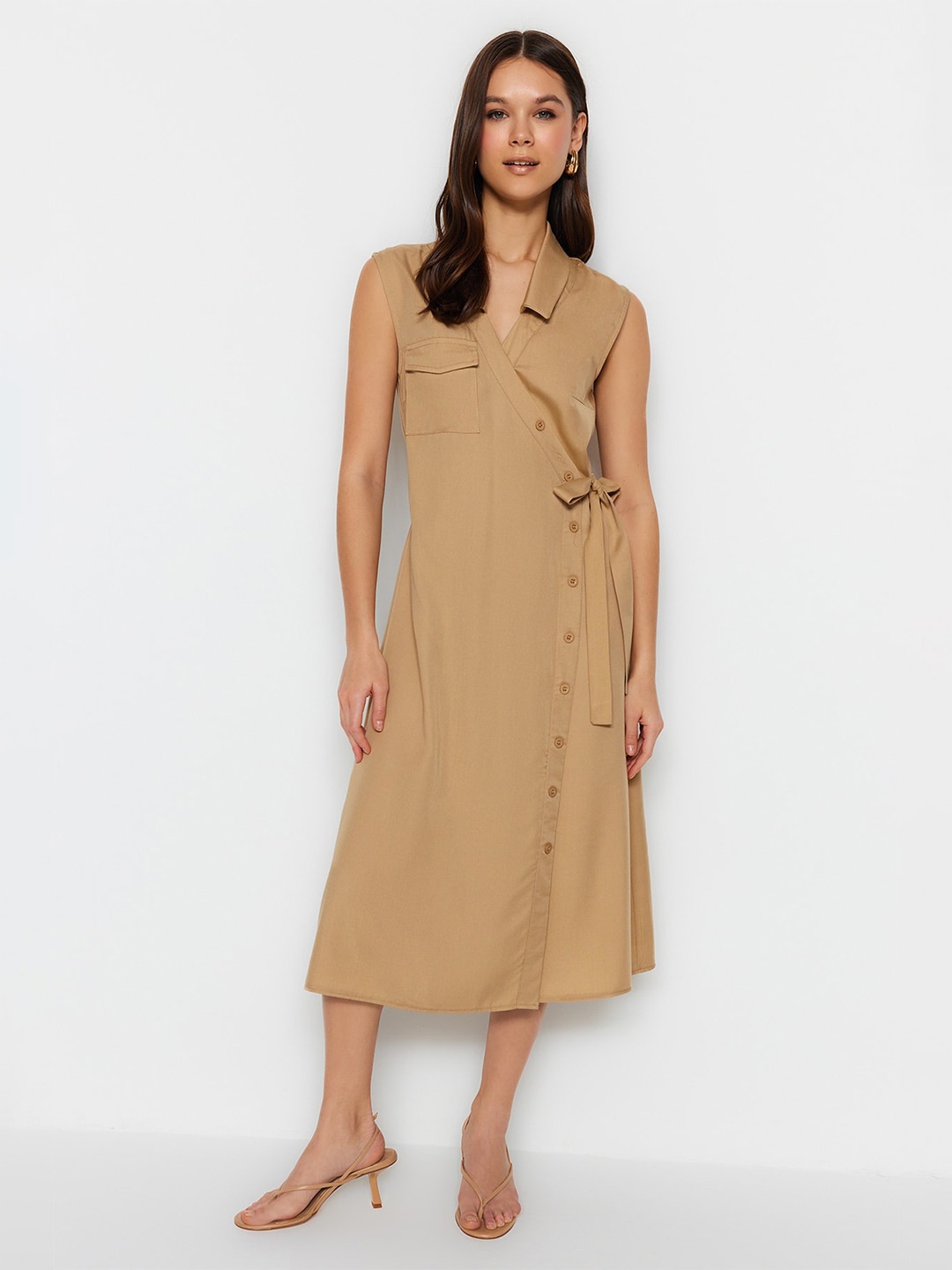 

Trendyol Tie Up Shirt Midi Dress, Beige