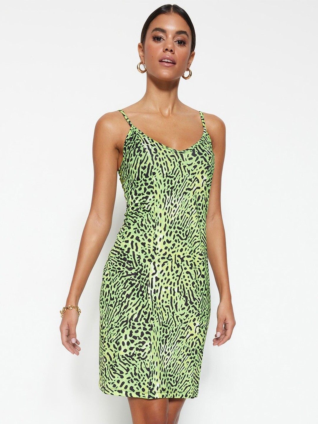 

Trendyol Animal Printed Shoulder Straps Sheath Dress, Green