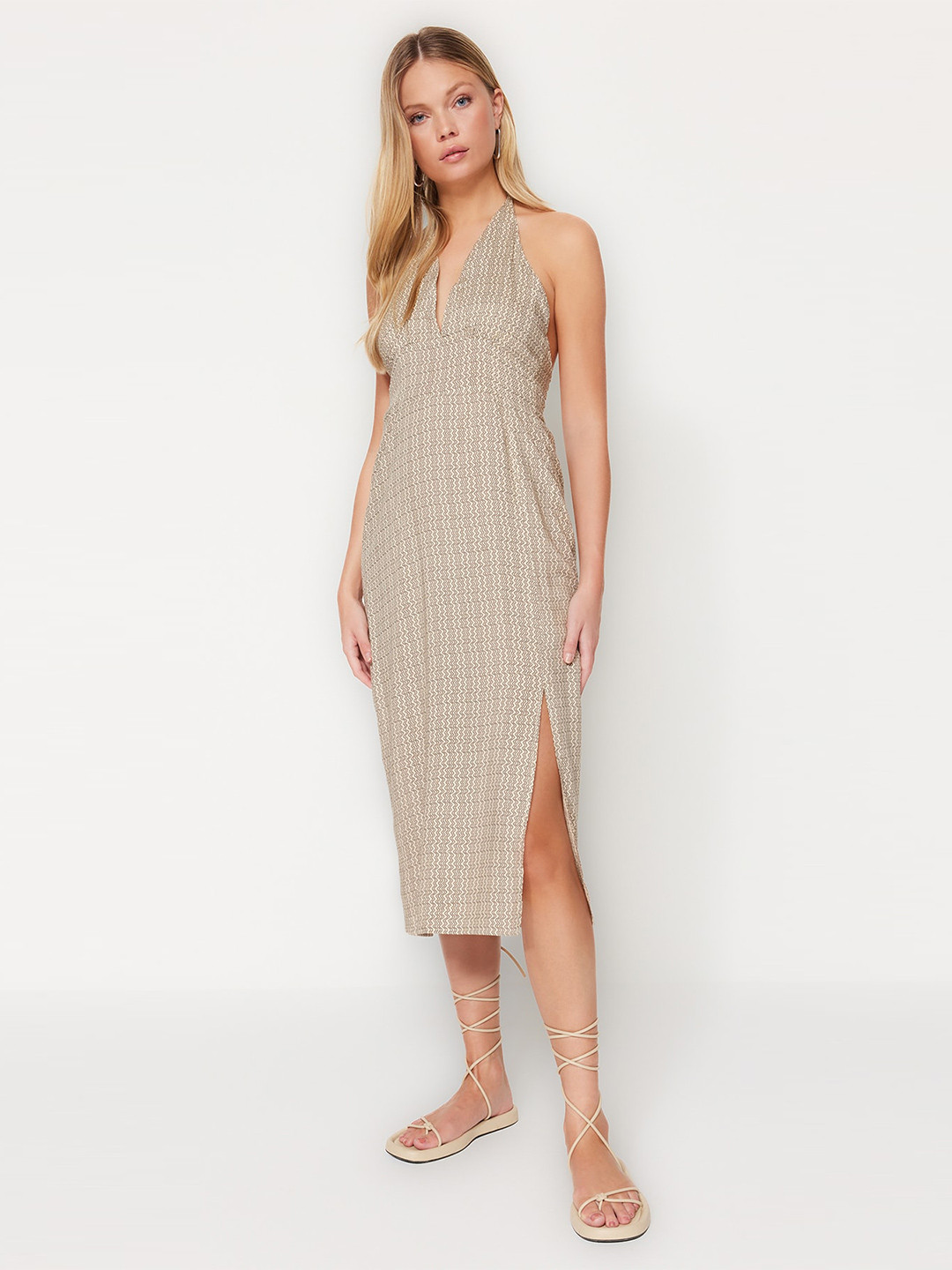 

Trendyol Halter Neck Sheath Midi Dress, Beige