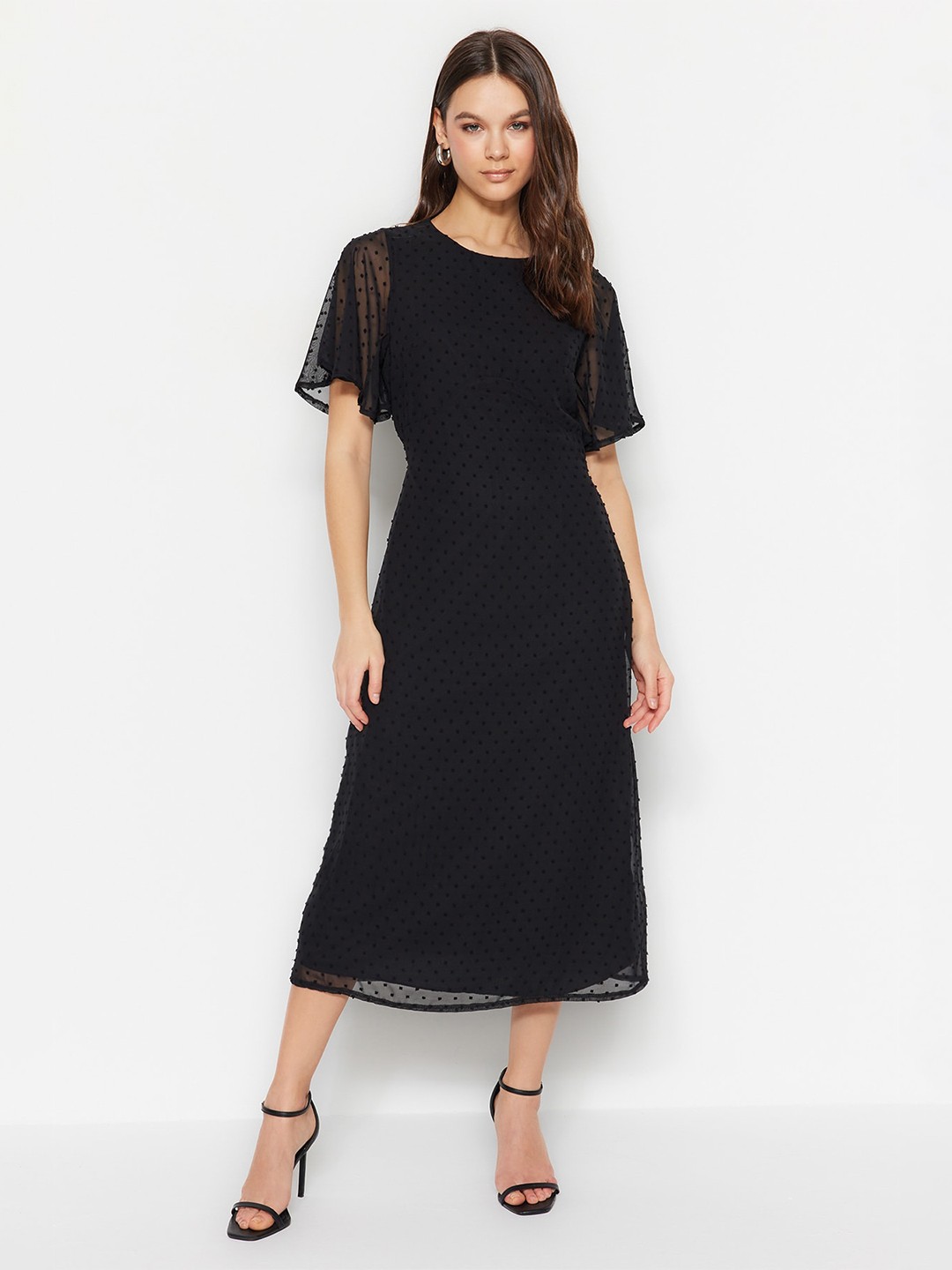 

Trendyol Self Design Flared Sleeves A-Line Midi Dress, Black