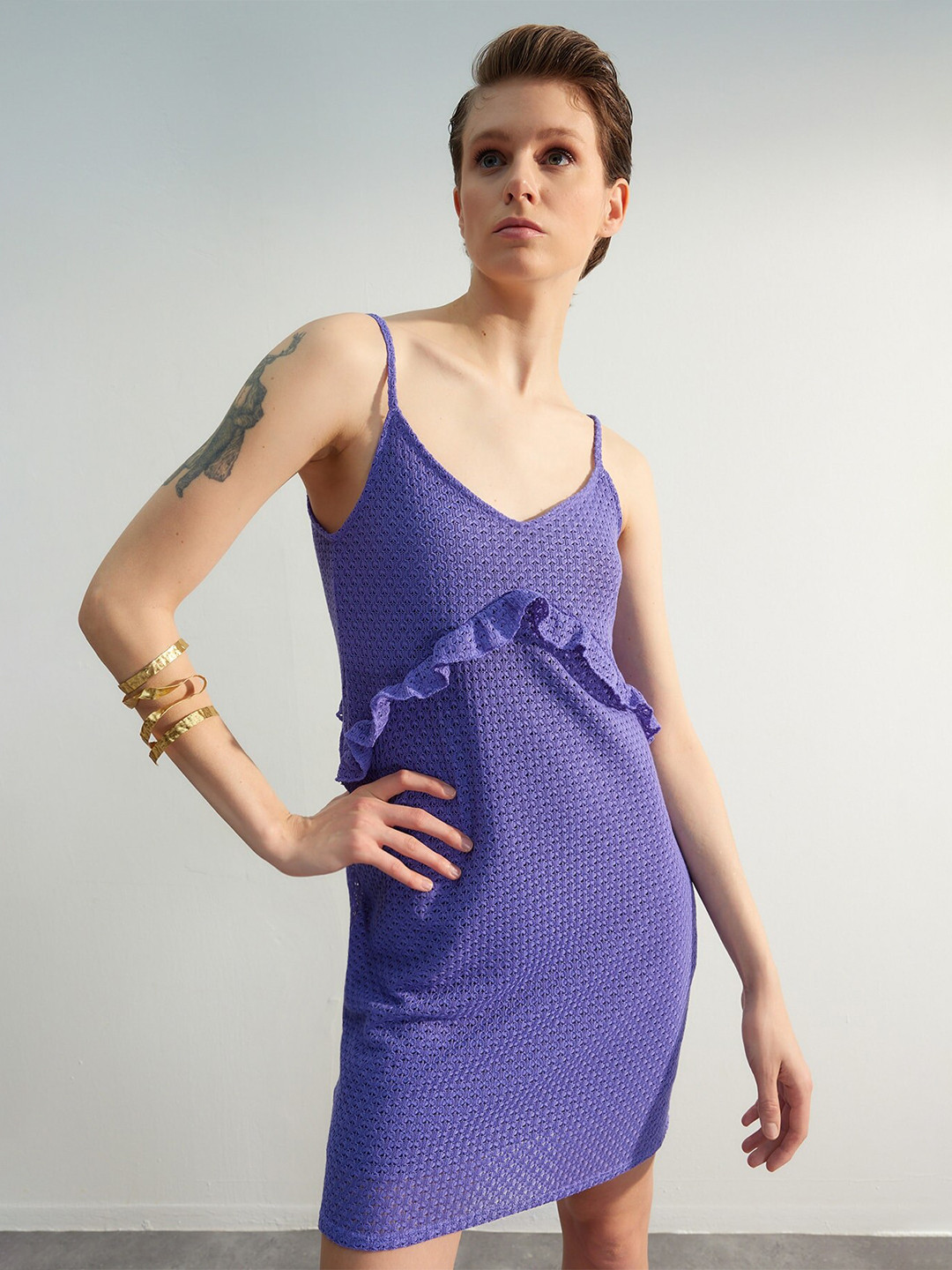 

Trendyol Self Design Ruffled Sheath Dress, Purple