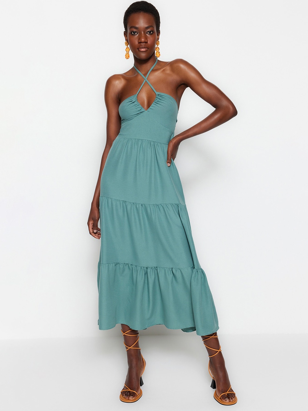 

Trendyol Halter Neck Tiered Midi Dress, Sea green