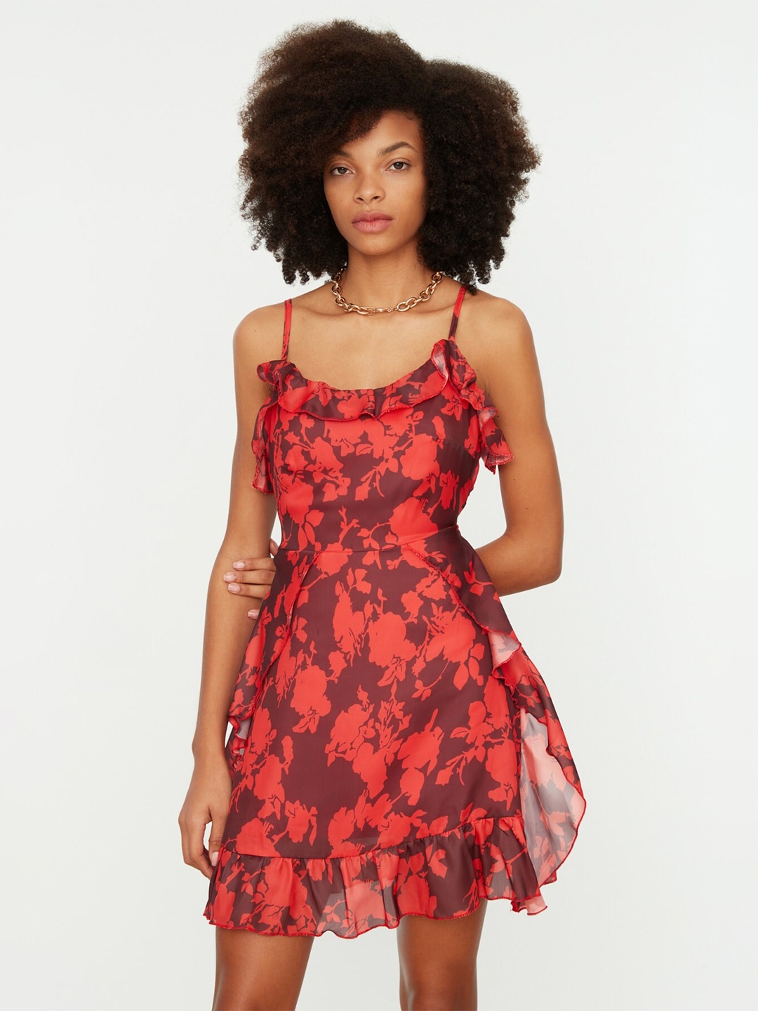 

Trendyol Floral Printed Shoulder Straps Ruffled Fit & Flare Dress, Brown