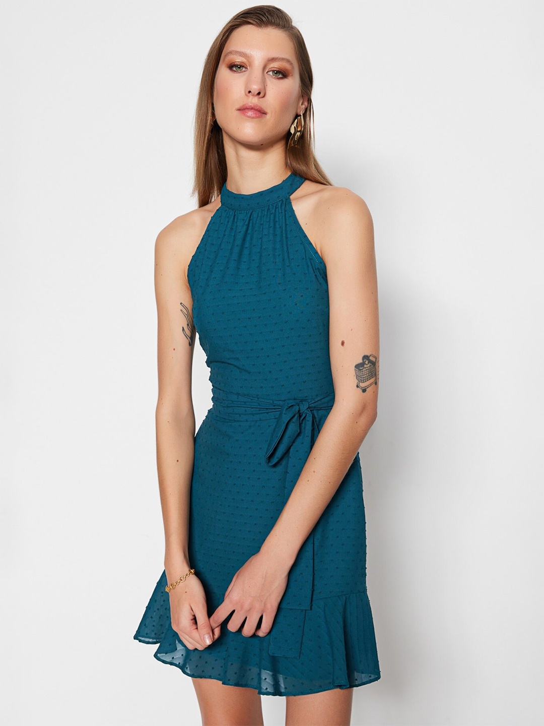 

Trendyol Self Design Halter Neck Flounce A-Line Dress, Teal