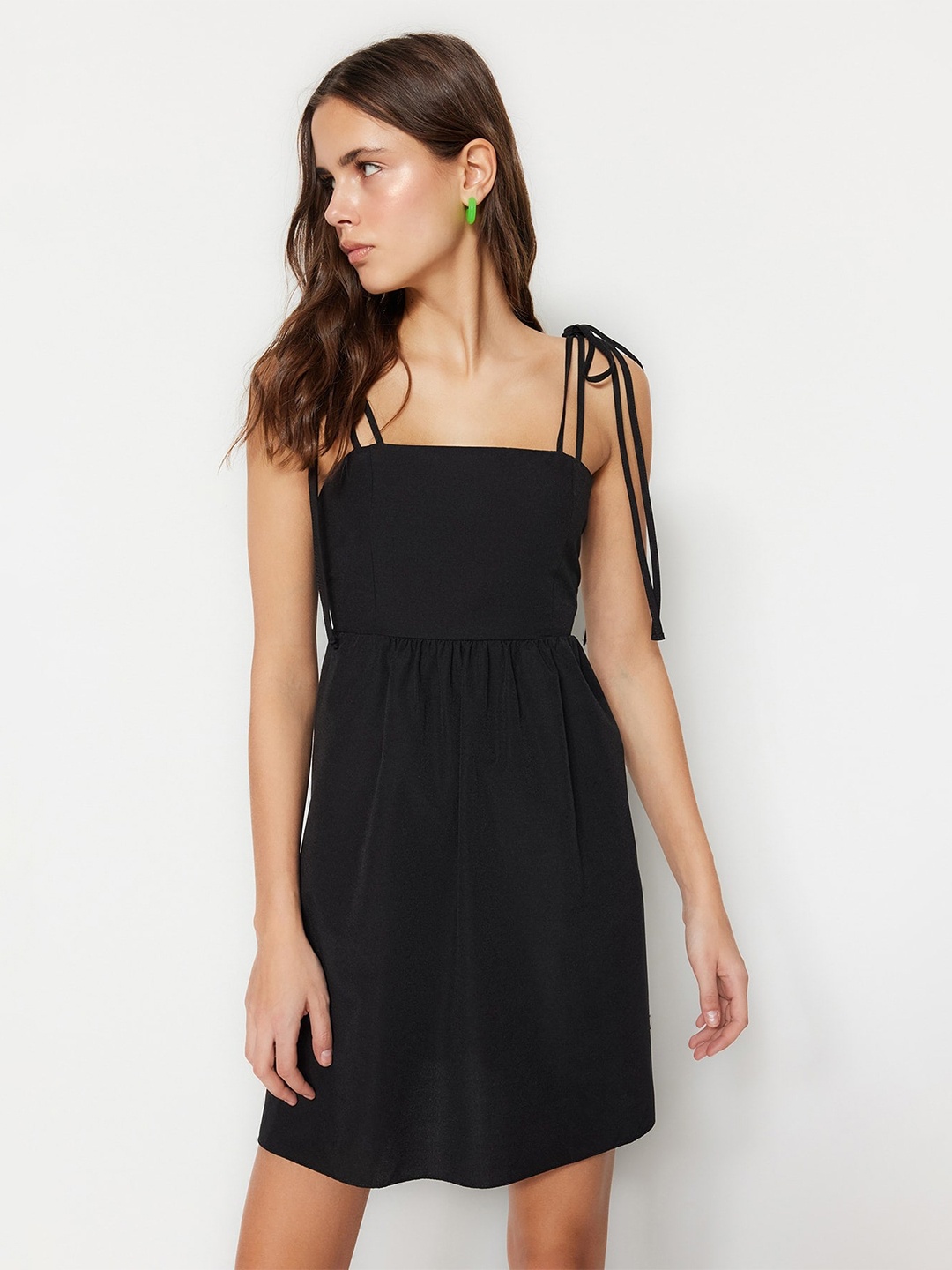 

Trendyol Shoulder Strap Gathered Fit & Flare Dress, Black