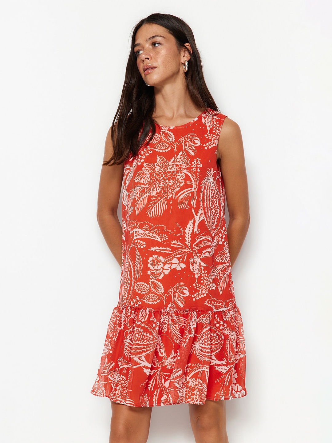 

Trendyol Floral Print Pure Cotton A-Line Dress, Red