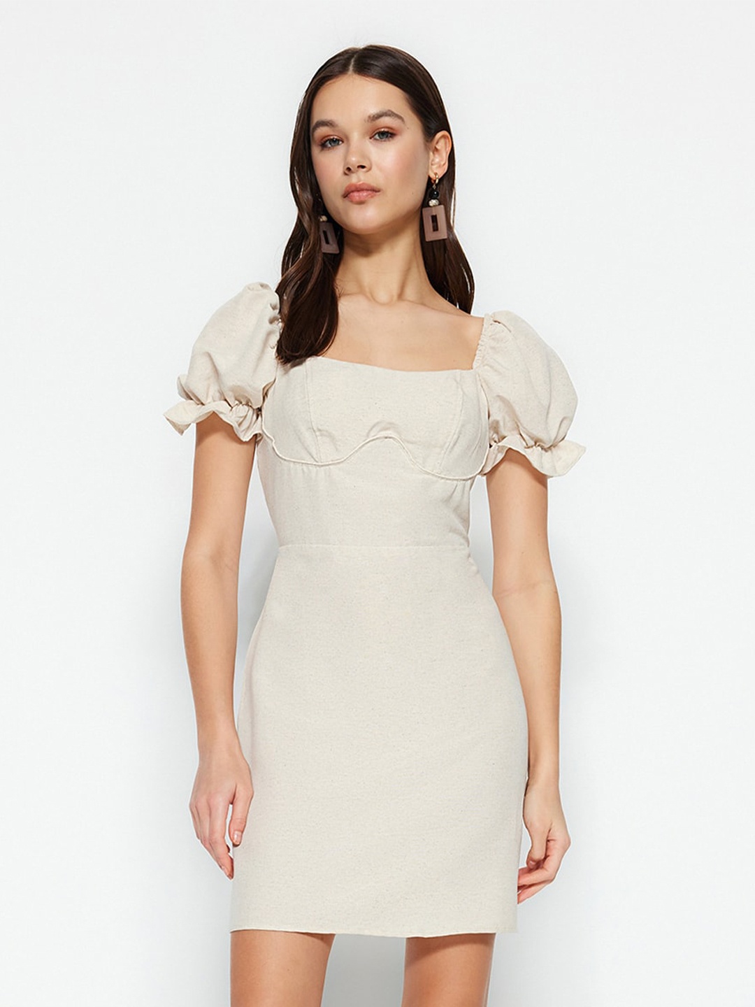 

Trendyol Square Neck Puff Sleeve A-Line Dress, Cream