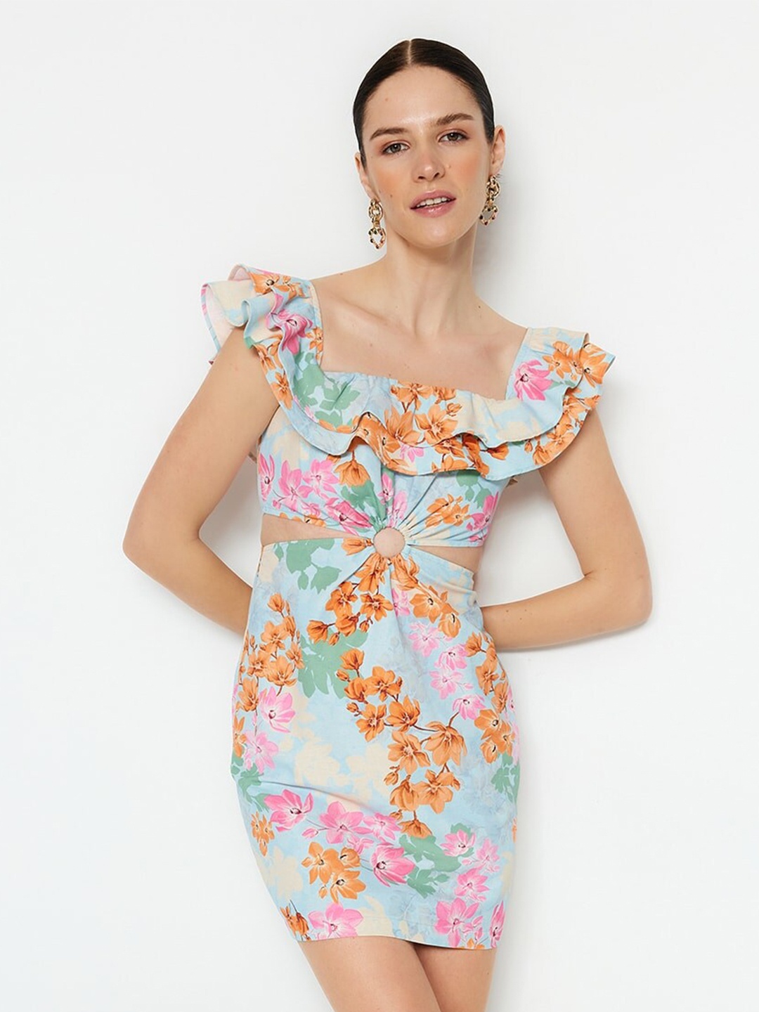 

Trendyol Floral Printed Cut-Out Detail Sheath Mini Dress, Blue