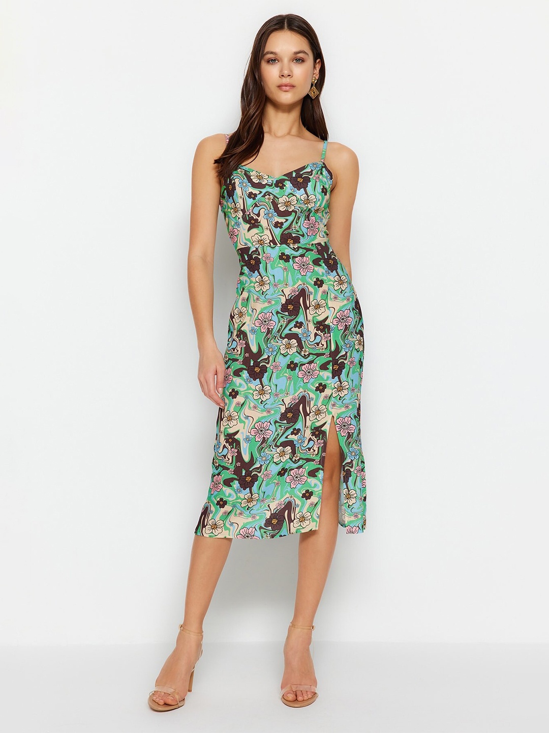 

Trendyol Floral Print Sheath Midi Dress, Green