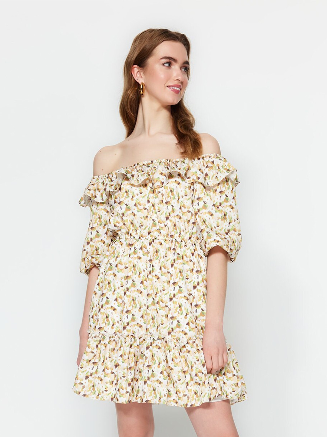 

Trendyol Floral Printed Off-Shoulder Gathered A-Line Dress, Off white