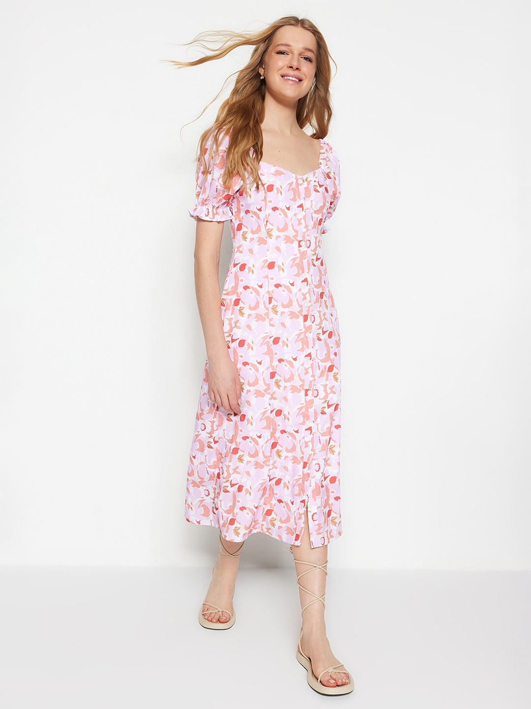 

Trendyol Abstract Printed A-Line Midi Dress, White