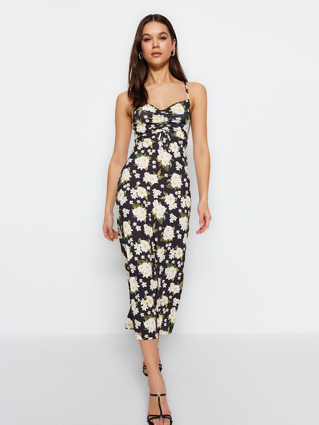 

Trendyol Floral Print Shoulder Strap Sheath Midi Dress, Black
