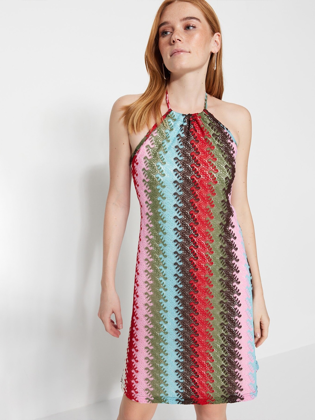 

Trendyol Self Design Halter Neck A-Line Dress, Pink