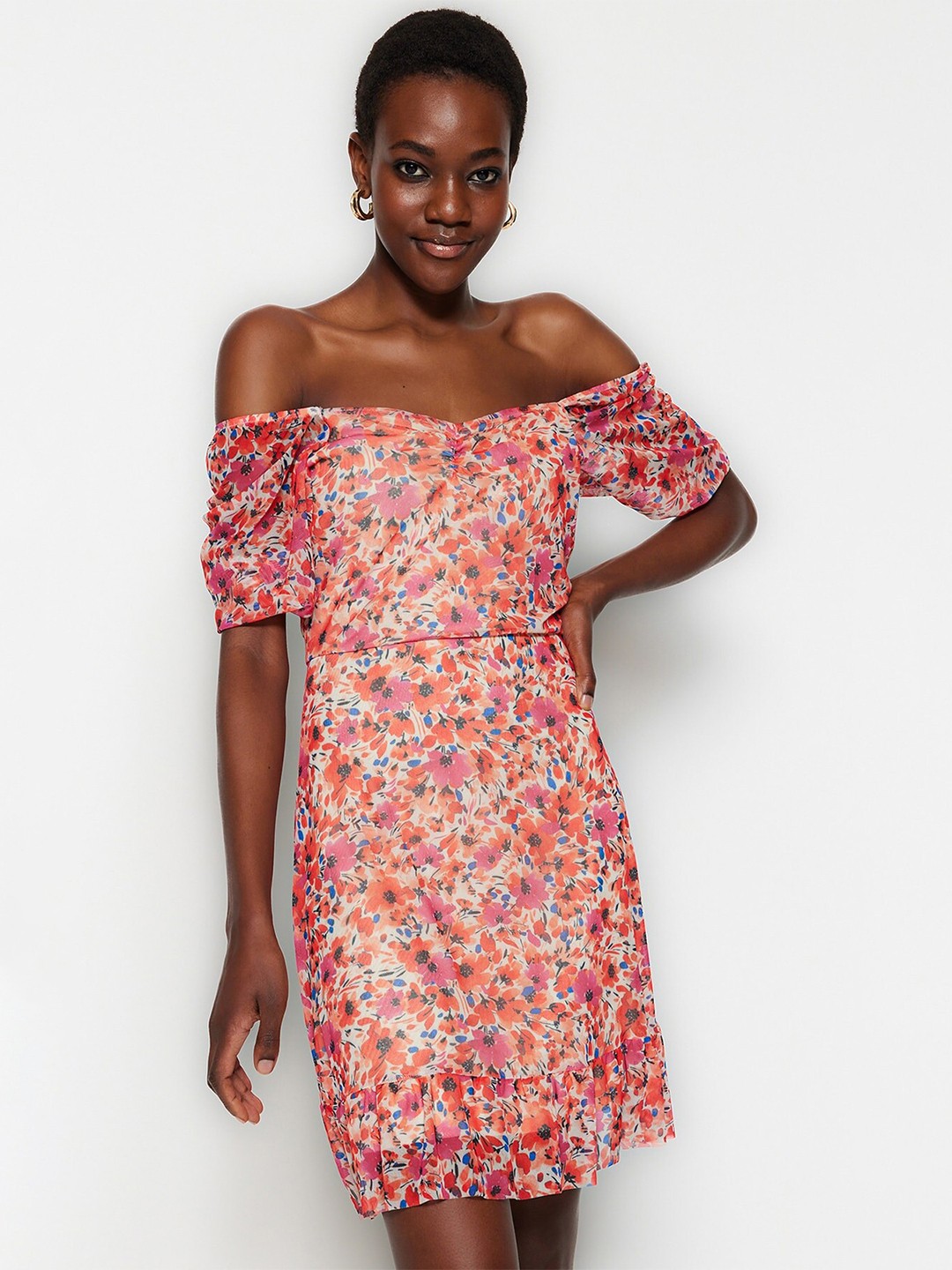

Trendyol Floral Printed Off-Shoulder A-Line Dress, Pink