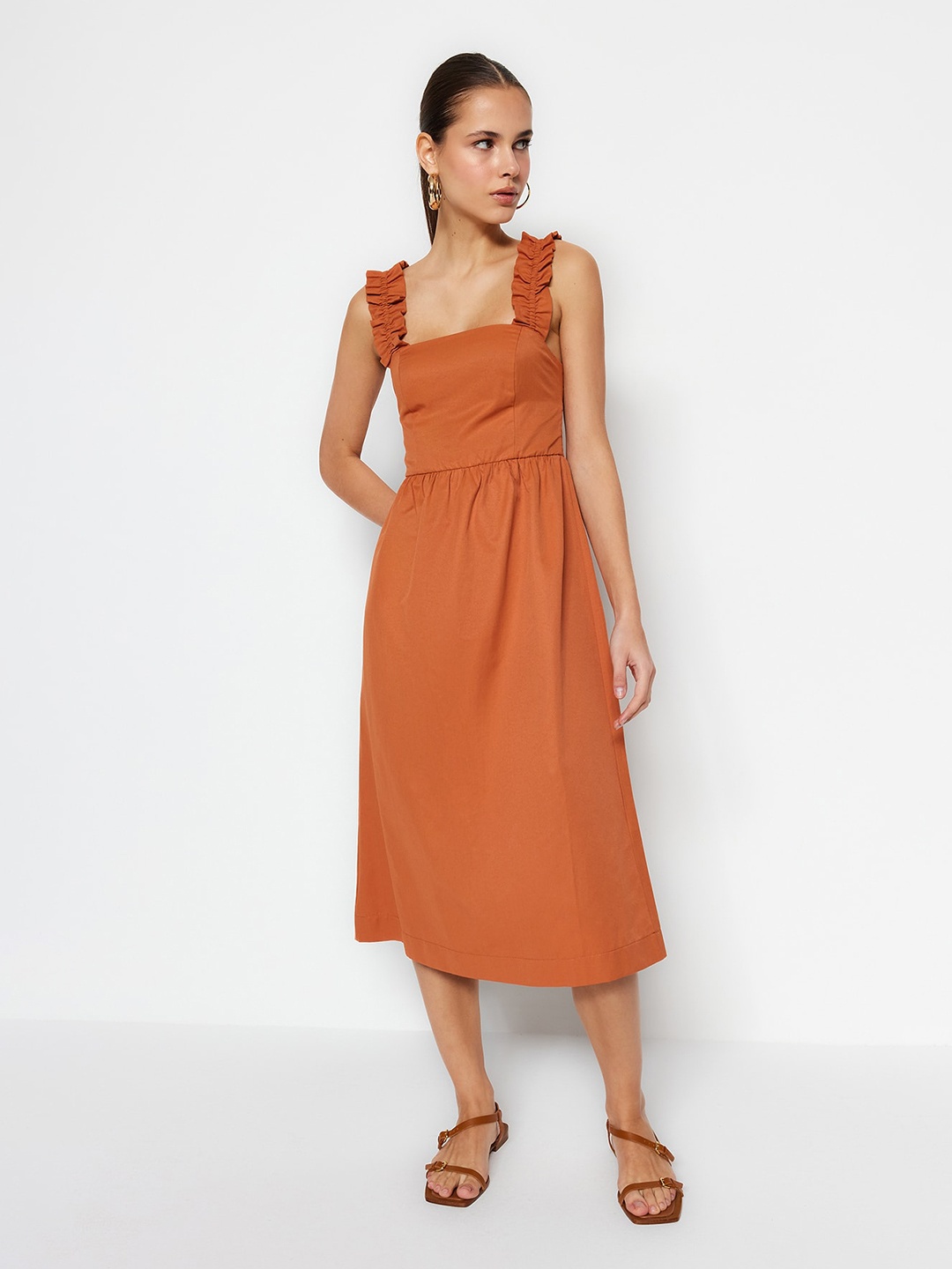 

Trendyol Square Neck Tie-Ups Fit & Flare Midi Dress, Orange
