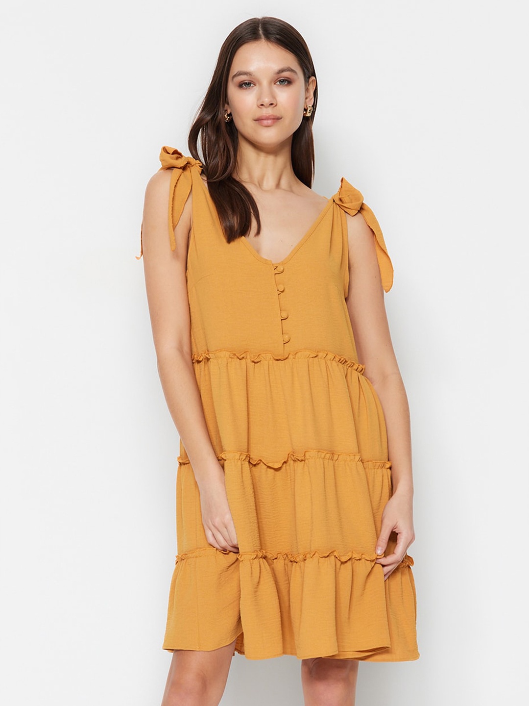 

Trendyol Shoulder Straps Ruffled Tiered A-Line Dress, Yellow