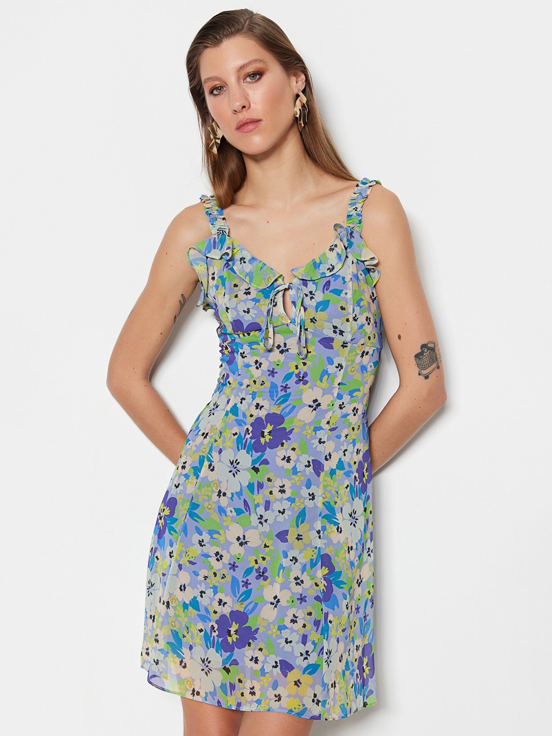 

Trendyol Floral Printed Ruffled Tie-Up Neck A-Line Mini Dress, Violet