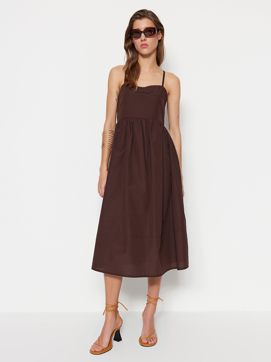 

Trendyol Shoulder Straps Tie-Up & Gathered Pure Cotton A-Line Dress, Brown