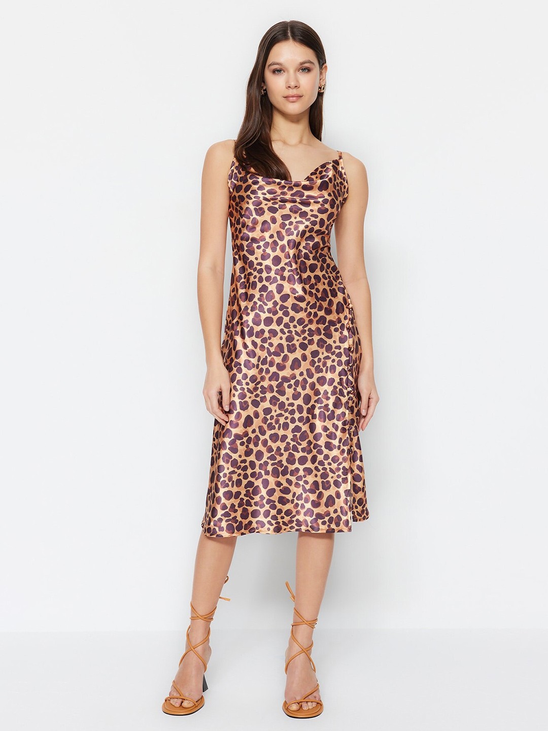 

Trendyol Animal Printed Cowl Neck Tie-Up A-Line Dress, Brown