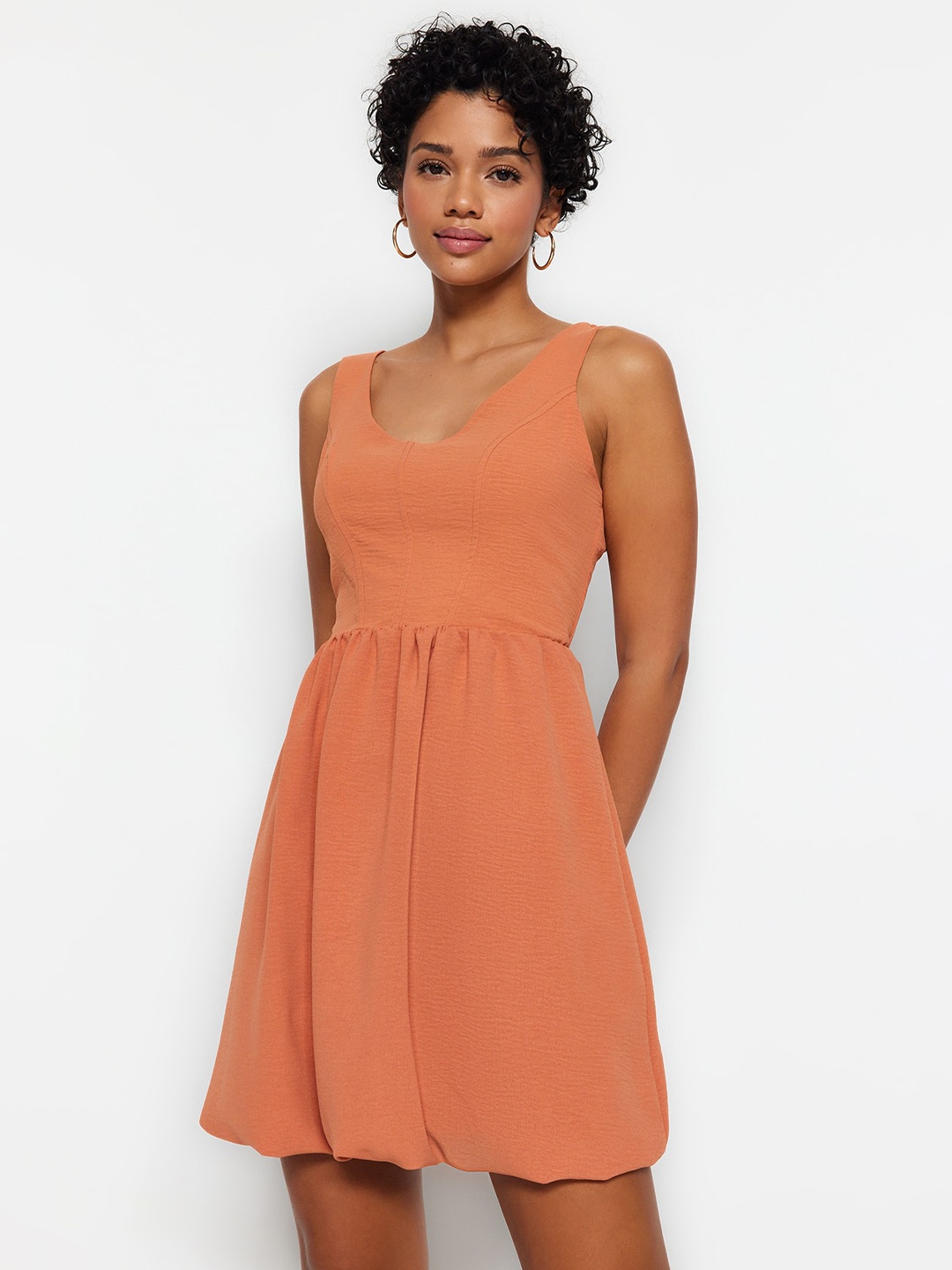

Trendyol Round Neck Gathers Blouson Mini Dress, Mustard