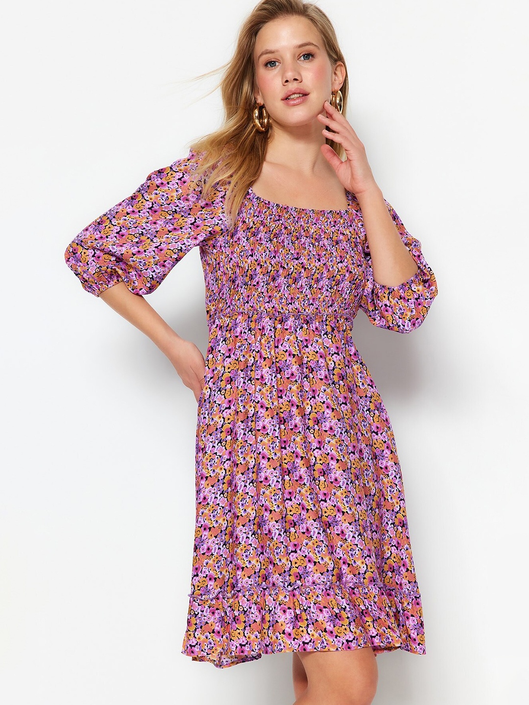 

Trendyol Floral Print Puff Sleeve Fit & Flare Dress, Purple