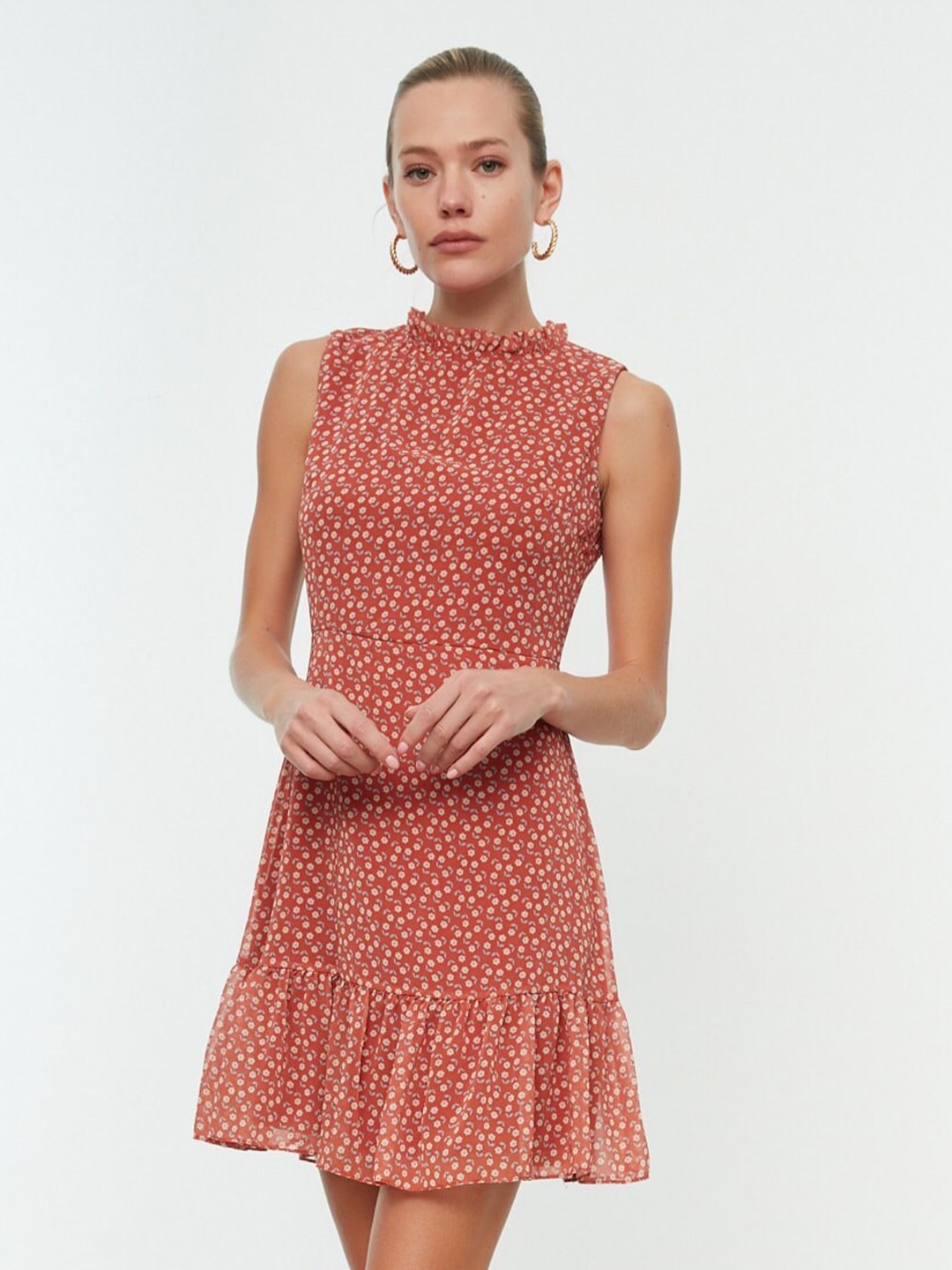 

Trendyol Floral Printed High Neck A-Line Dress, Coral