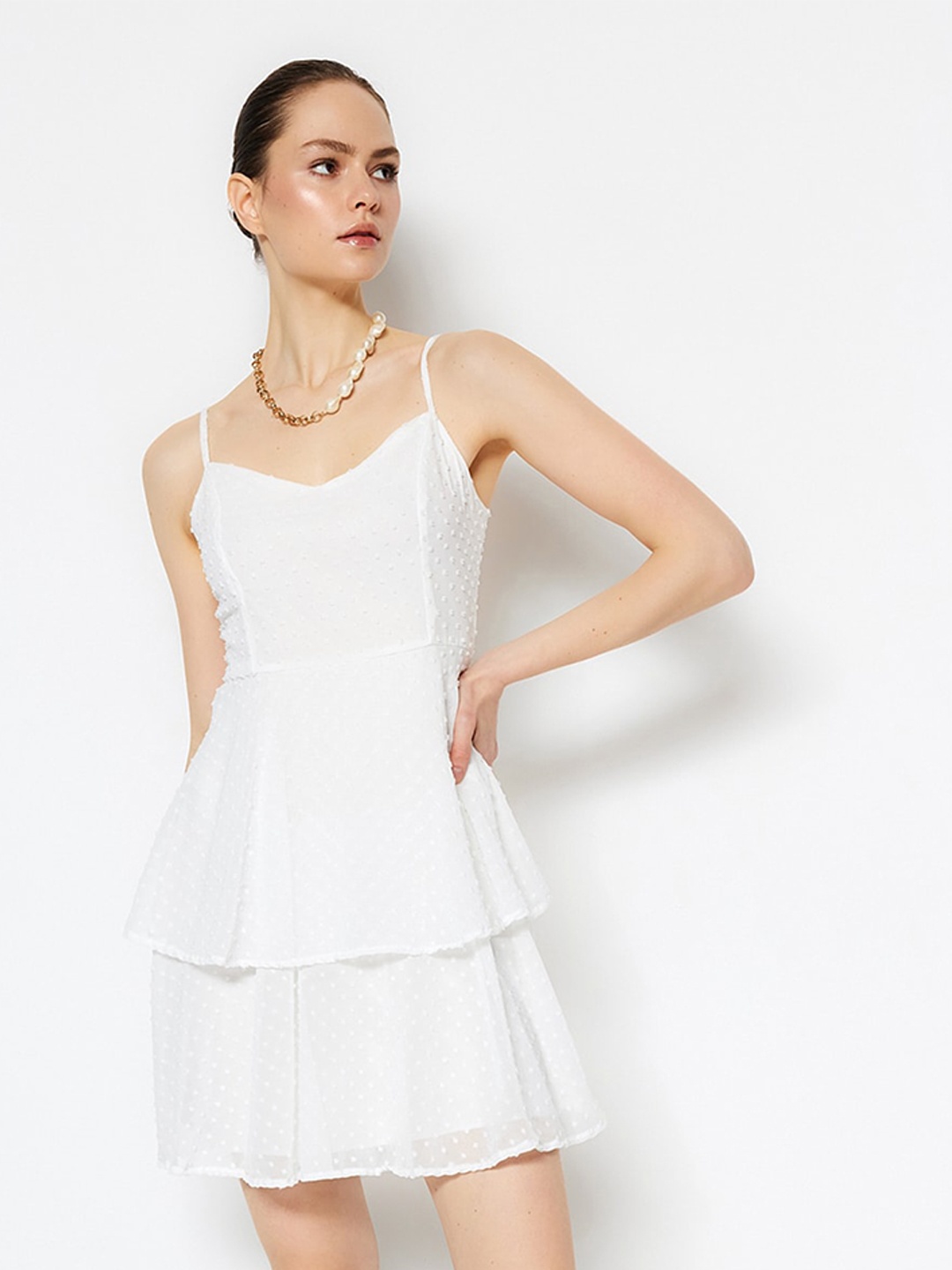 

Trendyol Shoulder Straps Self Design Fit & Flare Dress, White